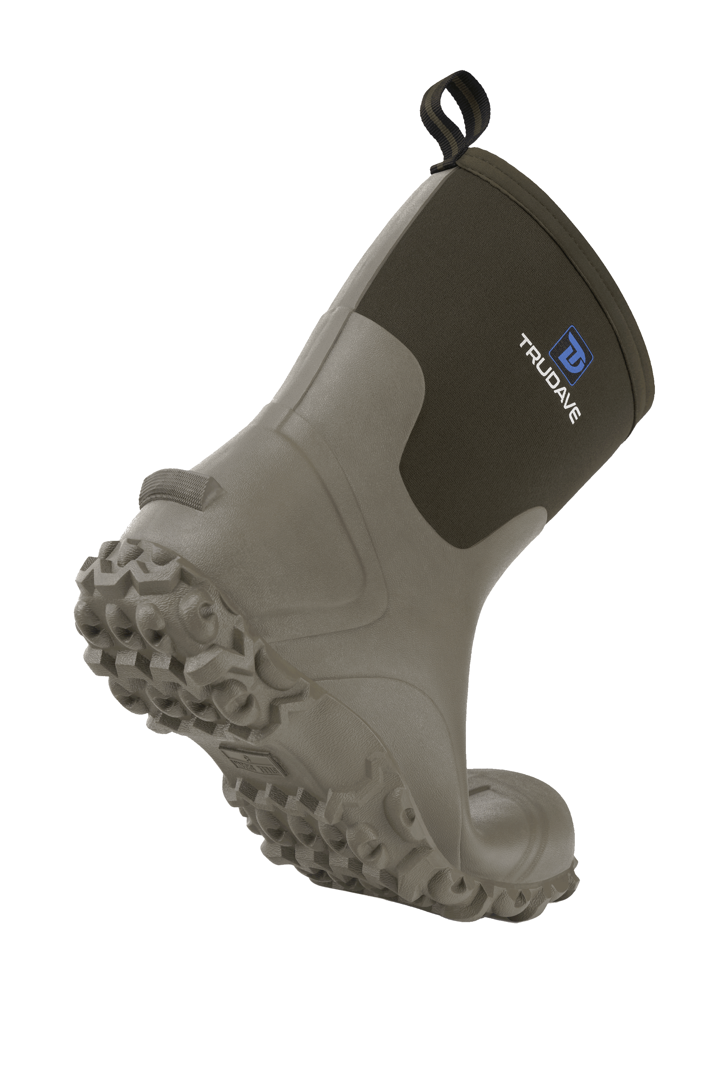 alt="Side view of Trudave AquaGrip Series men’s waterproof mid-calf rubber work boots in olive green with heel slightly lifted showing non-slip outsole and waterproof construction for gardening, farming, and rain work"